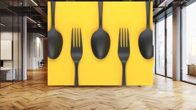 Fork and spoon on yellow background. Top view. Home kitchen tools and accessories for cooking. 3d rendering 3d illustration Wall mural