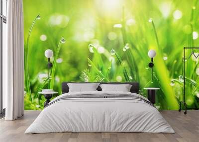 Fresh juicy young grass in droplets of morning dew, spring on a nature macro. Drops of water on the grass, natural wallpaper, panoramic view, soft focus.  Wall mural