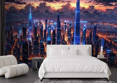 Futuristic anime skyline with advanced technology tall towers and bright city glow Wall mural