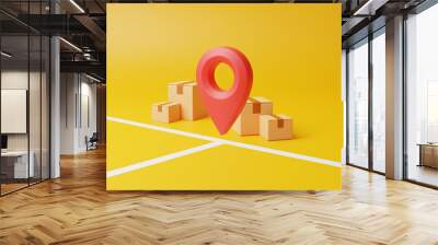 Group of brown cardboard boxes with red location pointer with white lines on the floor. Yellow background. Concept of safe and fast deliveries. 3d render illustration Wall mural