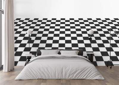 Horizontal tile floor with checkered texture. Plane with black and white squares pattern. Chess board surface in perspective. Geometric chequered retro design Wall mural