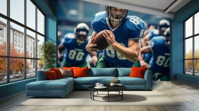 American football players in dynamic action is running with ball at stadium under rain, sport arena, movement, achievements, leadership, Sports emotions	 Wall mural