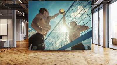 Beach Volleyball players in sunglasses under sunlight. Dynamic s Wall mural