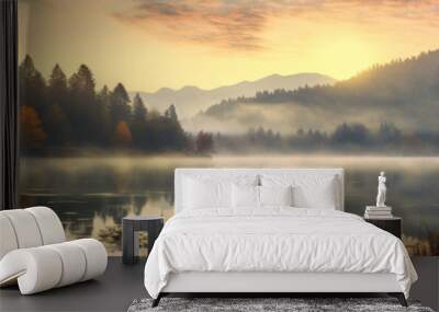 Beautiful autumn forest scene . Colorful morning view on foggy lake and mountains at sunrise time. Beauty of nature concept background. Wall mural