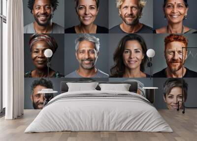 Collage of ethnically different happy people modern portraits, Success, smiling and happiness multicultural faces looking at camera, Human resource society database concept, globalization..	
 Wall mural