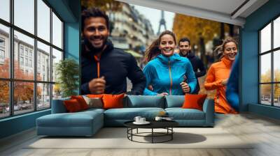 Group people in color sportswear, women's and men's running at Paris city in splashes rain.	 Wall mural