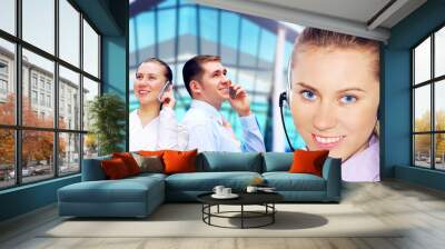 happiness businessman calling on the business architecture backg Wall mural