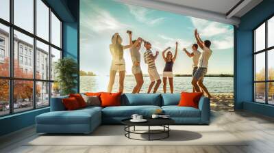 Happiness Friends funny  dance on the beach party under sunset sunlight Wall mural