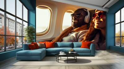 Happy smiling black couple is flying in an airplane in first class, travel relax and recharge Wall mural