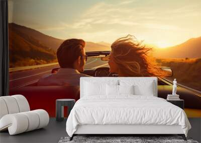 Happy smiling couple man and woman traveling in car convertible on a summer day at sunset	 Wall mural