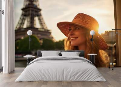 Happy woman travel in Paris, Cheerful Female in hat near Eiffel Tower, Travel to Europe, Famous popular tourist place in world. Wall mural