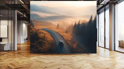 One car in dynamic moving on the mountains road. Drone view, Beautiful landscape and forest background in sunrise time. Wall mural