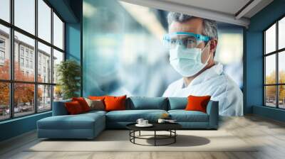 Portrait of male scientist close up, Advanced scientific laboratory for the development of medicine, biotechnology, microbiology. Scientists Developing Vaccine, Drugs and Antibiotics. Wall mural