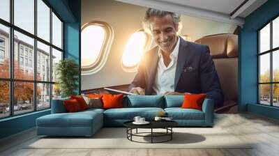 Smiling happy businessman flying and working in an airplane in first class, Man  sitting inside an airplane using laptop. Wall mural