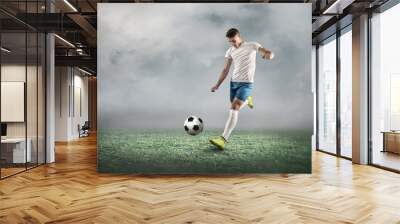 Soccer player on a football field in dynamic action at summer day Wall mural