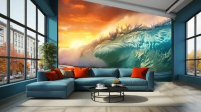 Tropical beach panorama view with foam waves before storm, seascape with Palm trees, sea or ocean water under sunset sky with dark blue clouds. Background summer Wall mural