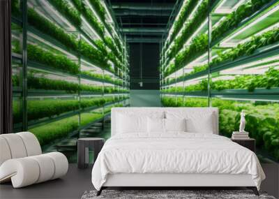 Vertical farming, growing plants in water under artificial lighting, indoors, Sustainable agriculture, food concept. Wall mural