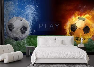 Water drops and fire flames around soccer ball on the background Wall mural