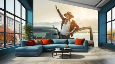 Woman at spreeng time. Yoyng happines female in hat and sunglass Wall mural