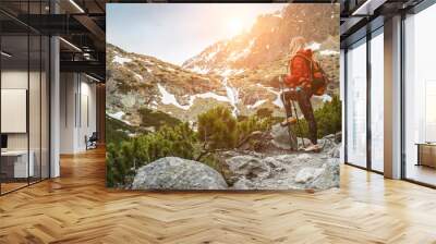 Woman hiker, hiking backpacker traveler camper walking on the top of mountain in sunny day under sun light. Beautiful mountain landscape view. Wall mural