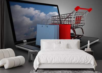 Laptop cart and shopping bag. 3d illustration Wall mural