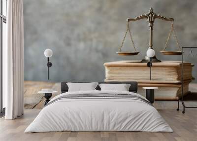 Legal scales balanced on stacked law books in a dimly lit room Wall mural