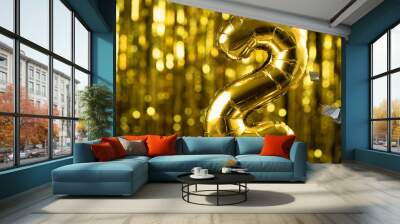 Gold foil number 2 two festive balloon on a yellow background. The concept of birthday, anniversary, date. Wall mural