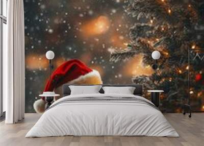 Magical Christmas scene with a child in Santa hat opening a gift by a sparkling tree, snow falling gently around creating a warm, enchanting atmosphere. Wall mural