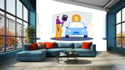 Male running to house. Man borrowed money and bought car. Set of cartoon characters borrow money from the bank to buy valuable things. Easy instant credit concept. Flat vector illustration Wall mural