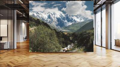 View of Svaneti Region and cayon, Caucasus Mountains, Georgia. Autumn landscape. Red colours. Wall mural