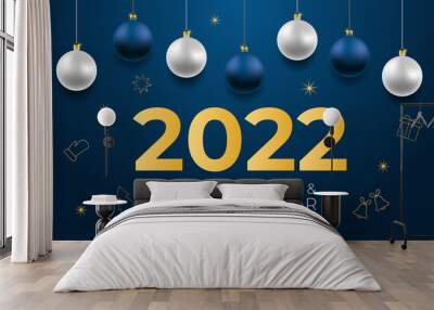 Merry Christmas and Happy New Year vector banner. Realistic rose gold and blue baubles, snowflakes hanging on dark blue background with realistic garland. Background with gold Christmas icon Wall mural