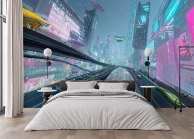 Neon lit futuristic city with flying cars Wall mural