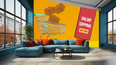 Online marketing concept. Online Sopping with boxes falling to shopping cart or trolley and smartphone with button buy now Wall mural