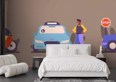 People learn to drive vehicles. Set of illustrations about driving school. Young man gets motorcycle license, male character tries to drive car. Driving test Wall mural