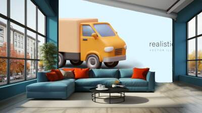 Placard with realistic yellow 3D truck on blue background with place for text. Delivery transport, heavy cargo transportation concept. Vector illustration in 3D style Wall mural