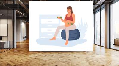 Pregnant lady sitting on ball and doing exercises. Regular physical activity and healthy lifestyle. Healthy pregnancy and sports. Doing prenatal yoga. Vector flat illustration Wall mural