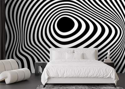 Psychedelic pattern with disrorted black and white concentric circles. Hypnotic optical illusion. Abstract wallpaper. Modern groovy print. Hypnotherapy concept. Vector graphic illustration Wall mural