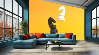 Realistic knight on bright yellow background with copy space. Chess piece. Minimal creative battle concept. 3d render 3d illustration Wall mural