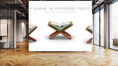 Realistic Koran on wooden stand. Opened Quran, holy book of Muslims. Vector object in different positions. Set of isolated images. Religious scriptures of Islam Wall mural