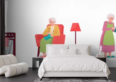 Set of cartoon characters of grandmothers doing their household duties. Time for cooking, knitting and watering plants. Concept of housekeeping and retirement. Happy old age. Vector Wall mural