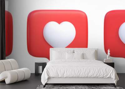 Set of heart in speech bubble icon isolated on a white background. Love like heart social media notification icon.  Emoji, chat and Social Network. 3d rendering, 3d illustration Wall mural