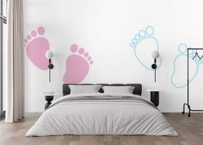 Set of vector illustrations of baby steps - pairs of pink and blue footprints in a flat styl Wall mural