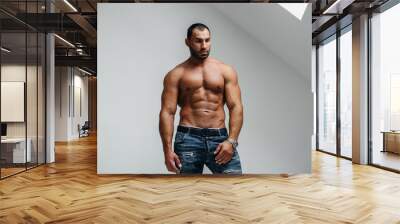 Sexy athlete posing topless in the studio. Fitness. Press. Sport. Wall mural