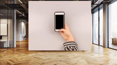 Isolated female hand holding a phone with white screen on white background Wall mural