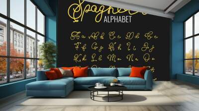 Spaghetti alphabet letters isolated on black background. Italy national food typography. Italian pasta font, text, words. Vector illustration Wall mural