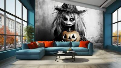 Spooky witch doll holding a carved pumpkin in a haunted setting Wall mural