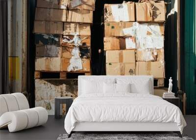 Stacked cardboard boxes on pallets at a warehouse unloading dock Wall mural