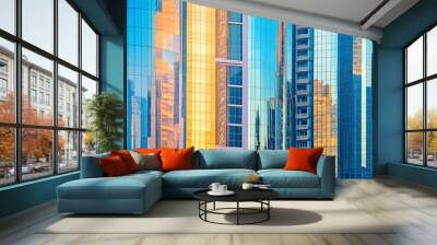 Striking contrast of golden sunlight reflecting off sleek glass skyscrapers against vibrant blue facades, creating a mesmerizing urban abstract in a modern cityscape. Wall mural