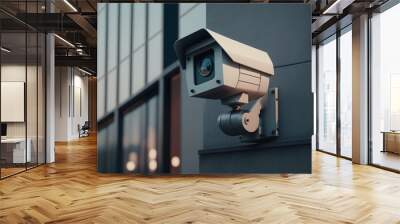 Surveillance camera on the wall of office building. Generative AI Wall mural