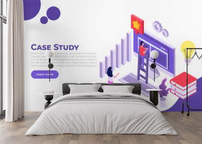 Case study concept with tiny character. Web page template. Flat style isometric vector illustration. Wall mural